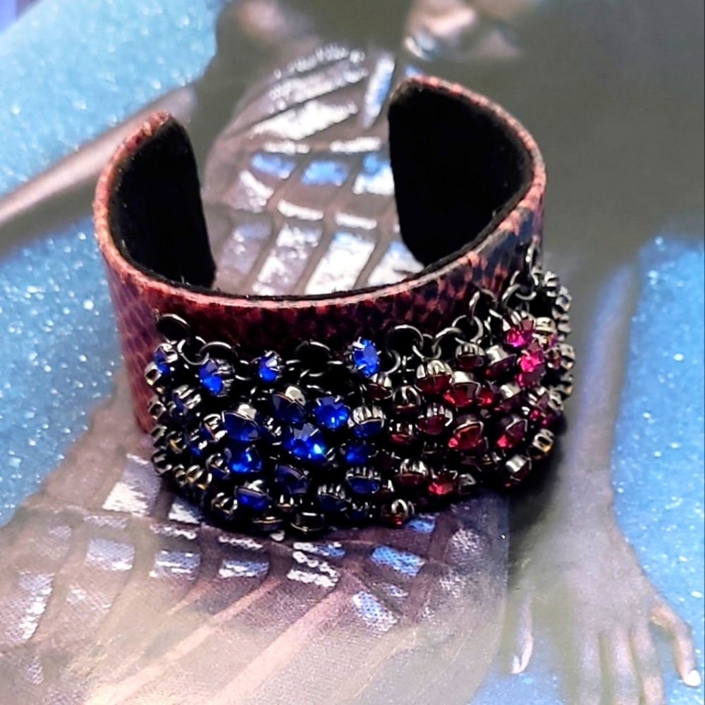 Snakeskin Beaded Blue & Pink Crystal Leather Cuff Bracelet